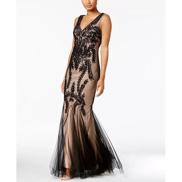 Betsy & Adam Soutache Mermaid Gown Black Nude Size 14 - Picture 4 of 4